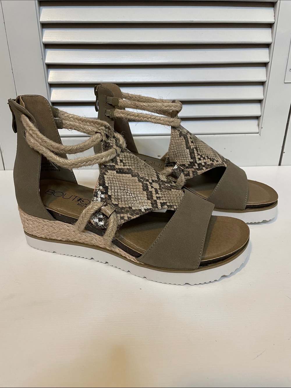 Corkys Snake-Print Wedge Sandals with Rope Ankle Ties - Sz 8